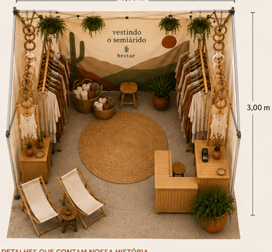 Planta baixa axonométrica do stand, 3 por 3 metros